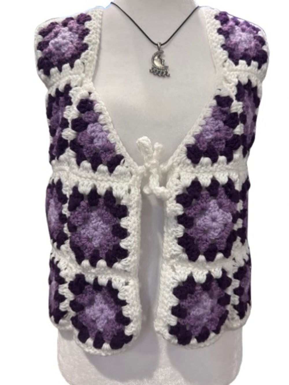 Granny Square Crochet Knit Vest Open Front Retro Handmade Purple Boho Hippie S/M